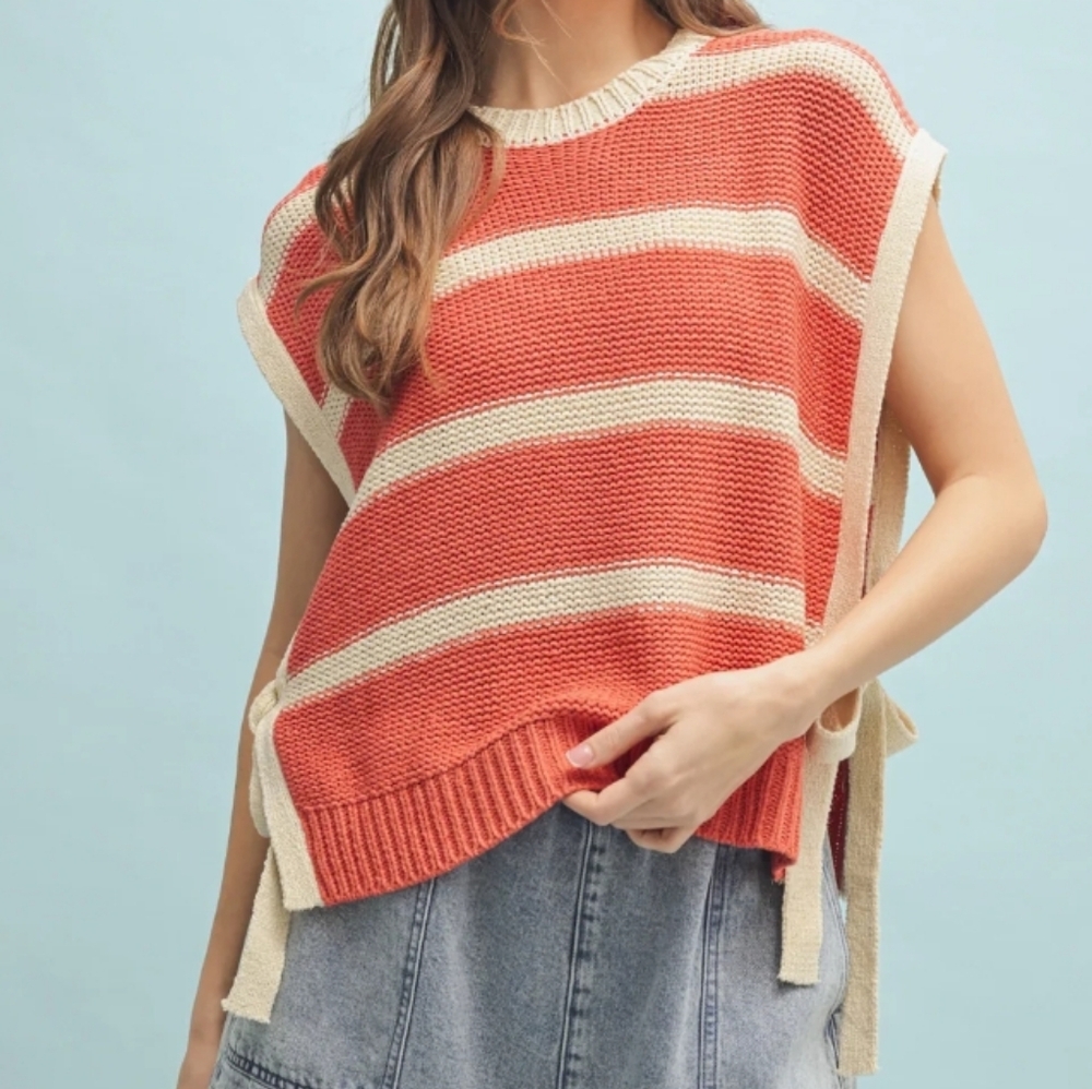 Wishlist Coral and Cream Striped Poncho Sweater - Picture 8 of 8